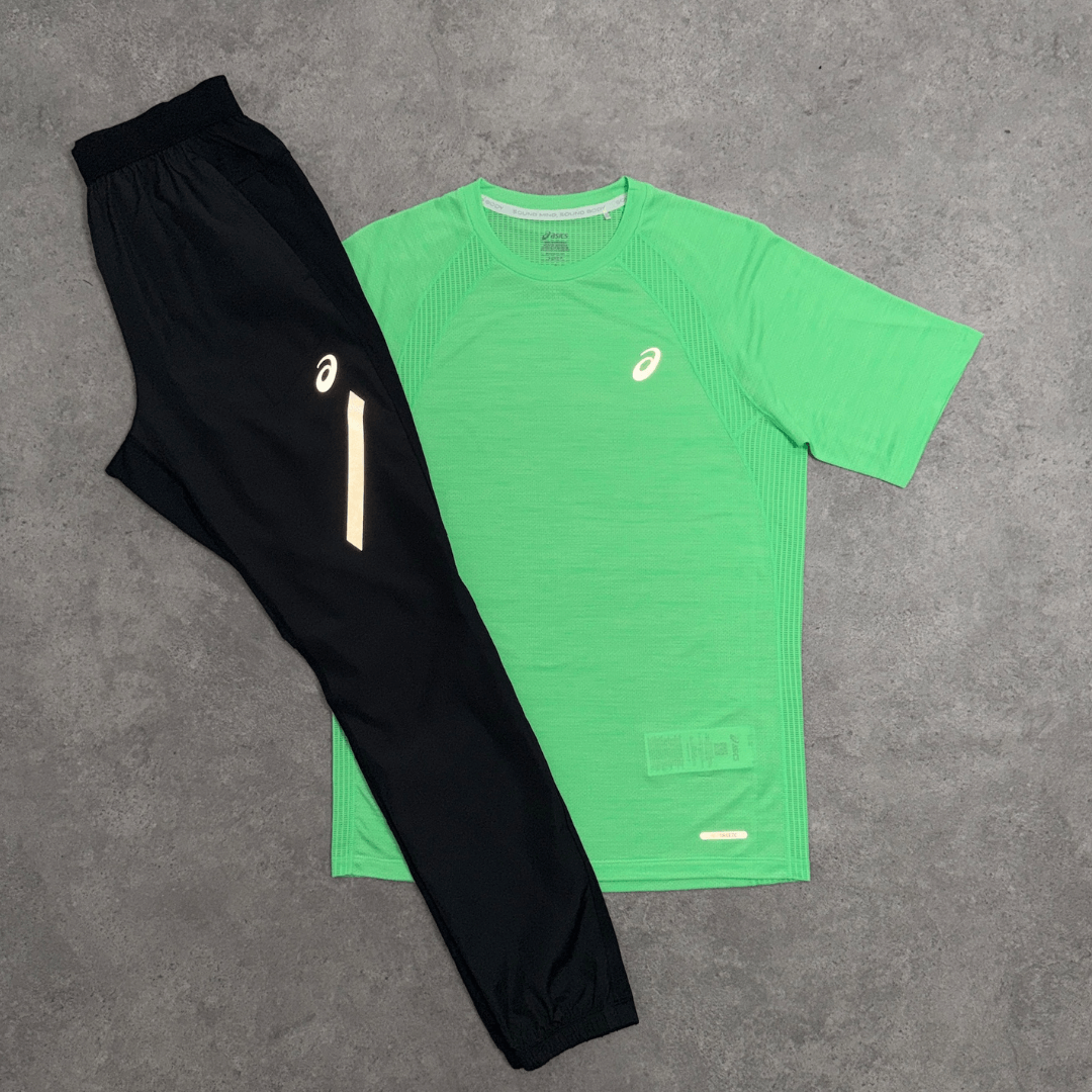 Men's ASICS Road T-Shirt Lite Pants Set in Vital Green and Black
