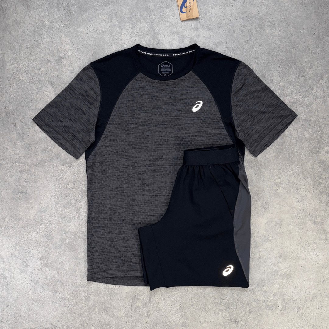 Men's ASICS Road T-Shirt Shorts Set 'Black/Grey'