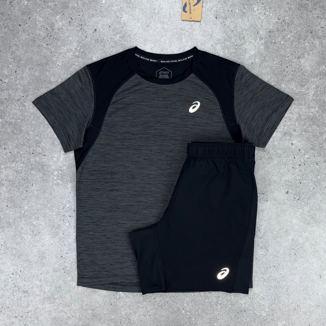 Men's Asics road t-shirt short set in grey black