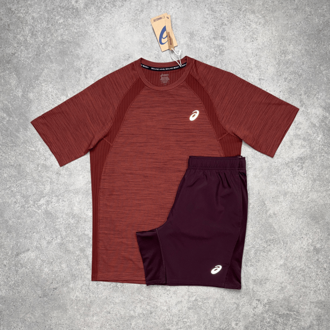 Men's ASICS Road Core Shorts Set 'Singed Red/Dark Currant'