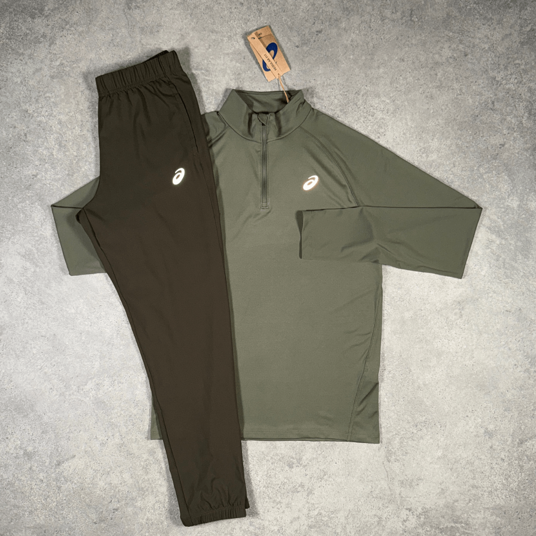 Men's ASICS Core 1/4 Zip Pants Set in 'Khaki/Brownstone'