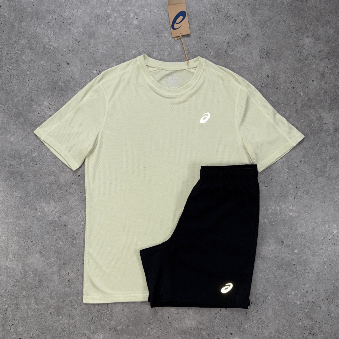 Men's Asics jacquard performance t-shirt short set in oyster white black