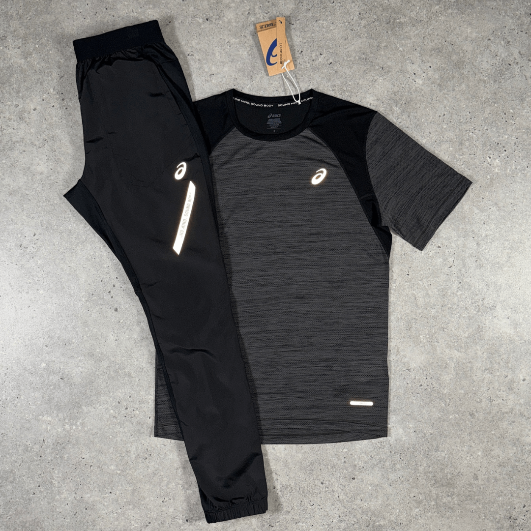 Men's Asics road t-shirt lite pants set in black grey