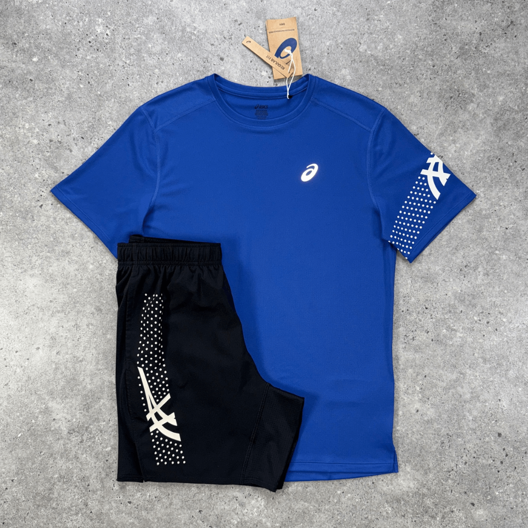 Men's Asics icon t-shirt shorts set in cobalt black