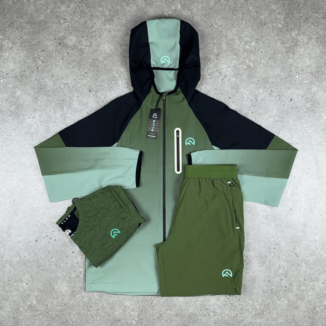 Men's Flux gradient t-shirt shorts jacket tri-set in khaki