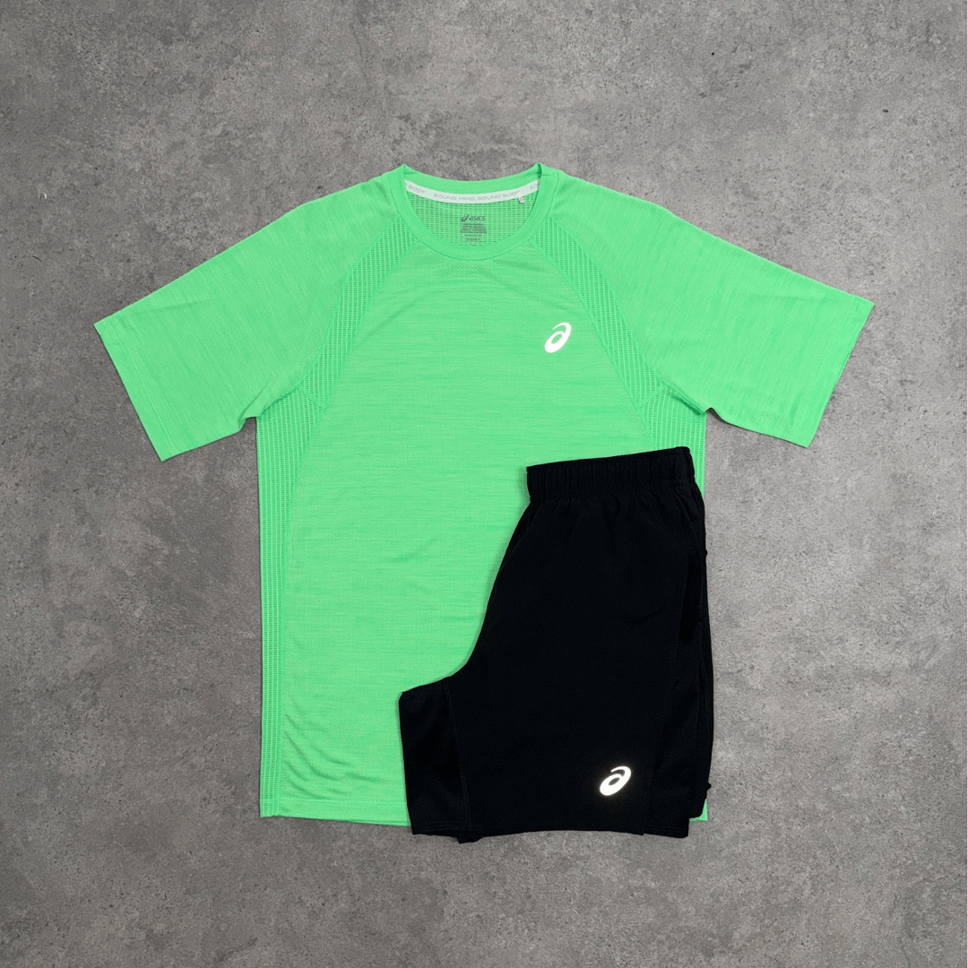 Men's ASICS Road T-Shirt Set in Vital Green and Black