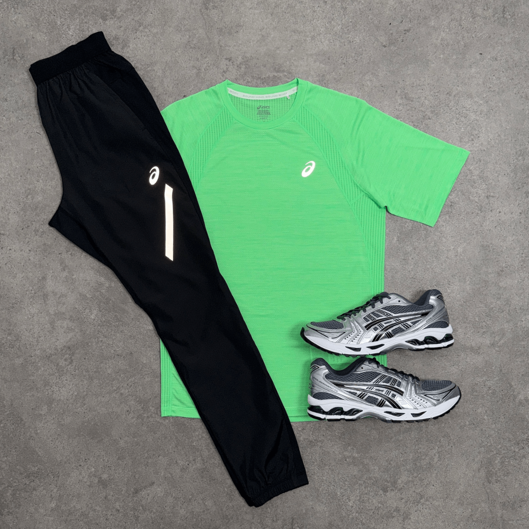 Men's ASICS Road Lite Gel-Kayano Set in black, vital green and Metropolis Jasper Green