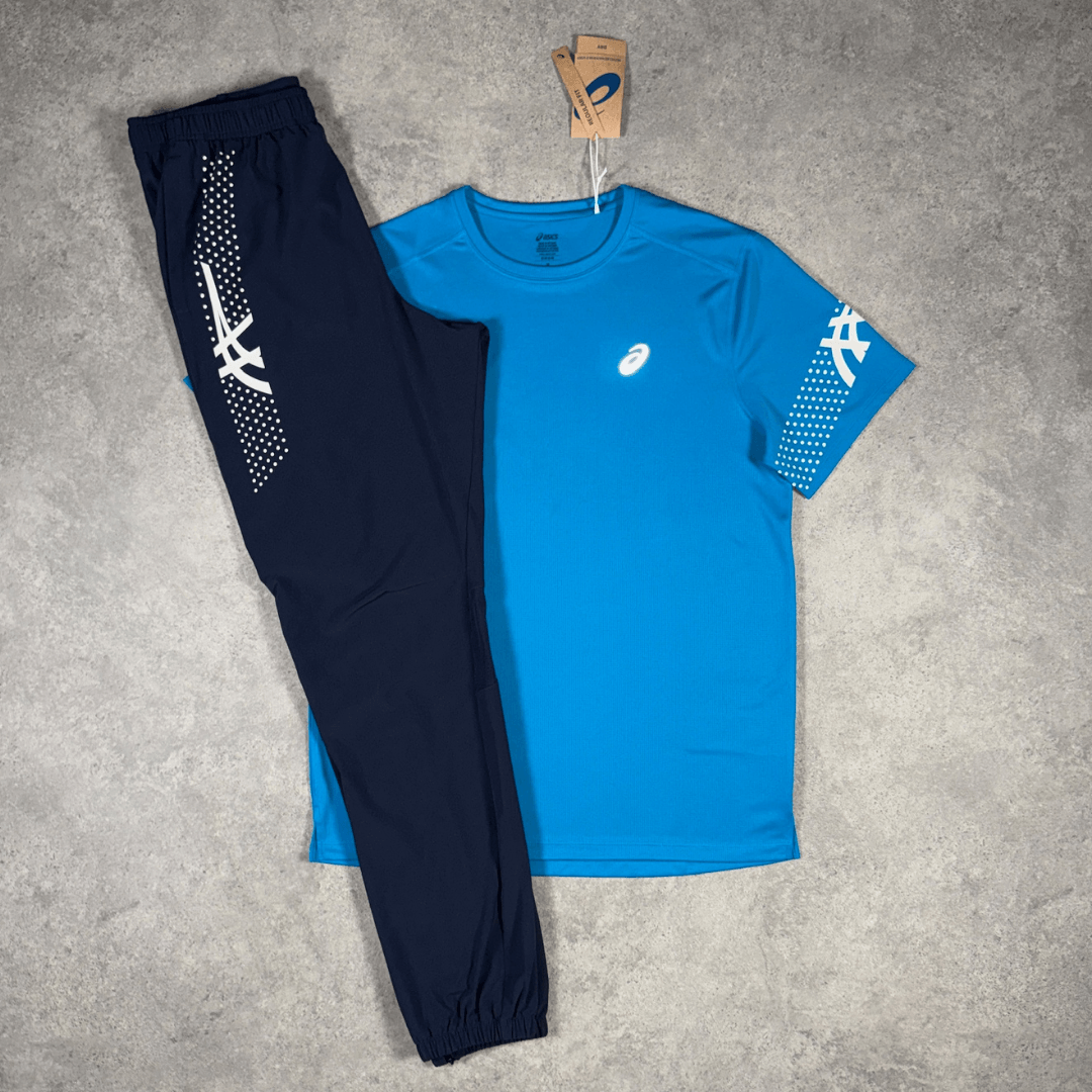 Men's ASICS Icon T-Shirt Pants Set in Aegan Blue/Midnight