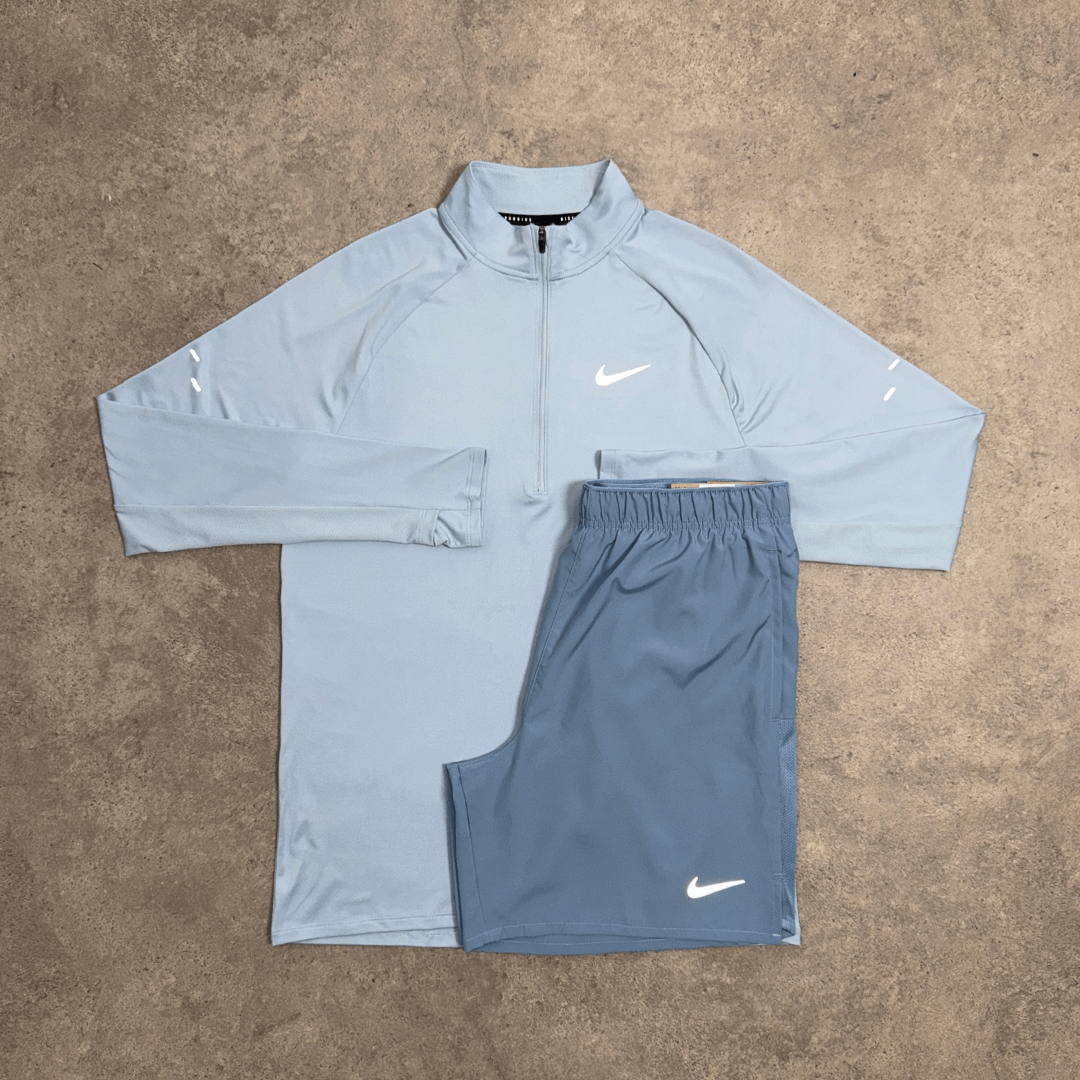 Men's Nike Stride 1/4 Zip Short Set in Light Armoury and Work Blue