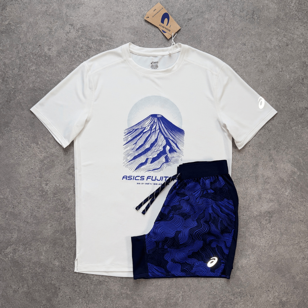 Men's ASICS Fujitrail All Over Print Shorts Set 'Cream/Midnight/Cobalt Burst'