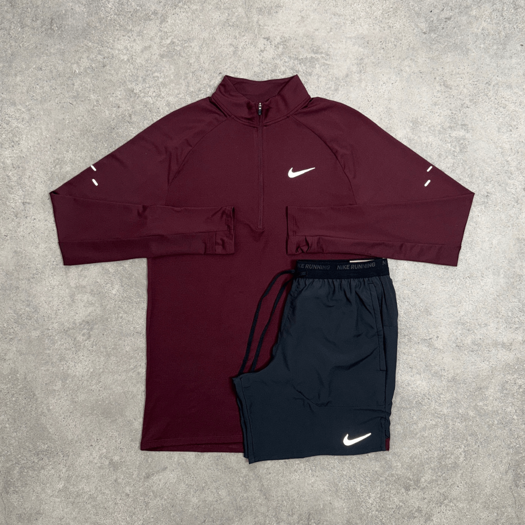 Men's Nike Stride 1/4 Zip Short Set in Maroon and Black